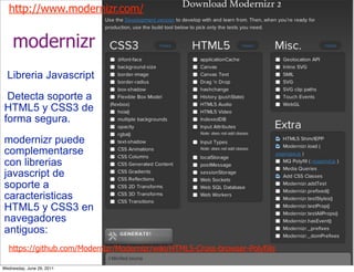 http://www.modernizr.com/


    modernizr
  Libreria Javascript
 Detecta soporte a
HTML5 y CSS3 de
forma segura.
modernizr puede
complementarse
con librerias
javascript de
soporte a
caracteristicas
HTML5 y CSS3 en
navegadores
antiguos:
  https://github.com/Modernizr/Modernizr/wiki/HTML5-Cross-browser-Polyfills

Wednesday, June 29, 2011
 