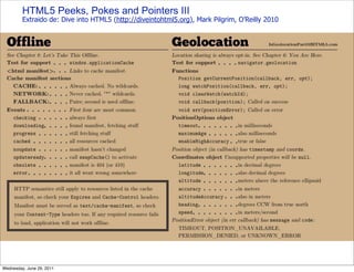 HTML5 Peeks, Pokes and Pointers III
         Extraido de: Dive into HTML5 (http://diveintohtml5.org), Mark Pilgrim, O’Reilly 2010




Wednesday, June 29, 2011
 