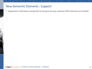 New Semantic Elements : Support
•   Supported in all browsers except IE6,7,8 owing to the way unknown HTML elements are handled




                  © COPYRIGHT 2011 SAPIENT CORPORATION | CONFIDENTIAL                             20
 