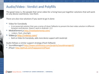 Audio/Video : Verdict and Polyfills
The good news is, the people that serve video for a living have put together solutions that will work
on any device seamlessly. Use them.

There are also nice solutions if you want to go it alone

•   Video for Everybody
    o A no-javascript solution that uses a series of clever fallbacks to present the best video solution in different
      browsers and devices. Doesn’t work in Android < 2.3
•   MediaElement.js http://mediaelementjs.com/
    o <video>, flash, silverlight
•   Video.js http://videojs.com/
    o Built on Video for Everybody, adds more device support with JavaScript

Audio follows a similar support strategy (Flash fallback)
• SoundManager2 http://www.schillmania.com/projects/soundmanager2/
• jPlayer http://github.com/happyworm/jPlayer




                      © COPYRIGHT 2011 SAPIENT CORPORATION | CONFIDENTIAL                                               33
 