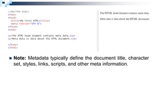  Note: Metadata typically define the document title, character
set, styles, links, scripts, and other meta information.
 