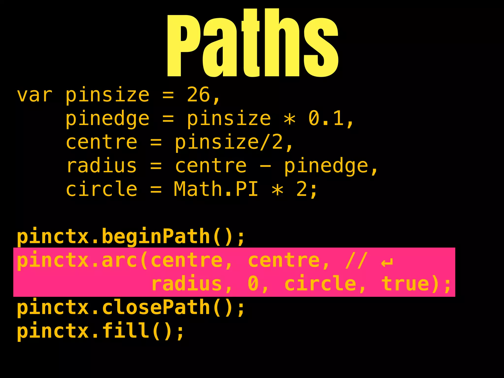 Paths
var pinsize = 26,
    pinedge = pinsize * 0.1,
    centre = pinsize/2,
    radius = centre - pinedge,
    circle = Math.PI * 2;

pinctx.beginPath();
pinctx.arc(centre, centre, // ↵
           radius, 0, circle, true);
pinctx.closePath();
pinctx.fill();
 