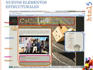<header>
<nav>
<section>
<article>
<aside>
<footer>
NUEVOS ELEMENTOS
ESTRUCTURALES
 