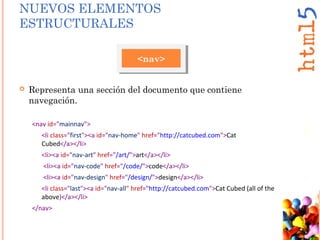 Representa una sección del documento que contiene
navegación.
<nav>
<nav id="mainnav">
<li class="first"><a id="nav-home" href="http://catcubed.com">Cat
Cubed</a></li>
<li><a id="nav-art" href="/art/">art</a></li>
<li><a id="nav-code" href="/code/">code</a></li>
<li><a id="nav-design" href="/design/">design</a></li>
<li class="last"><a id="nav-all" href="http://catcubed.com">Cat Cubed (all of the
above)</a></li>
</nav>
NUEVOS ELEMENTOS
ESTRUCTURALES
 