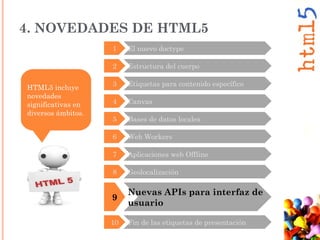 9
Nuevas APIs para interfaz de
usuario
10 Fin de las etiquetas de presentación
HTML5 incluye
novedades
significativas en
diversos ámbitos.
3 Etiquetas para contenido específico
4 Canvas
5 Bases de datos locales
6 Web Workers
7 Aplicaciones web Offline
8 Geolocalización
2 Estructura del cuerpo
4. NOVEDADES DE HTML5
1 El nuevo doctype
 