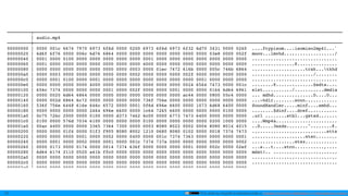 This slide by mzyy94 is licensed under a Creative Commons Attribution 4.0 International License.23
!!!!!!!!!"!!!!!!!!!!!!!!!!!!!!!!!!!!!!!!!!!!!!!!!!!!!!!!!!!!!!!!!!!!!!!!!!!!!!!!!!!!!!!!!!!!!!!!!!!!!!!!!!!!!!!!!!!!!!!!!!!!!!
| audio.mp4
!!!!!!!!!#!!!!!!!!!!!!!!!!!!!!!!!!!!!!!!!!!!!!!!!!!!!!!!!!!!!!!!!!!!!!!!!!!!!!!!!!!!!!!!!!!!!!!!!!!!!!!!!!!!!!!!!!!!!!!!!!!!!!
00000000 | 0000 001c 6674 7970 6973 6f6d 0000 0200 6973 6f6d 6973 6f32 6d70 3431 0000 0260 ....ftypisom....isomiso2mp41...`
00000020 | 6d6f 6f76 0000 006c 6d76 6864 0000 0000 0000 0000 0000 0000 0000 03e8 0000 002f moov...lmvhd.................../
00000040 | 0001 0000 0100 0000 0000 0000 0000 0000 0001 0000 0000 0000 0000 0000 0000 0000 ................................
00000060 | 0001 0000 0000 0000 0000 0000 0000 0000 4000 0000 0000 0000 0000 0000 0000 0000 ................@...............
00000080 | 0000 0000 0000 0000 0000 0000 0000 0003 0000 01ec 7472 616b 0000 005c 746b 6864 ....................trak...tkhd
000000a0 | 0000 0003 0000 0000 0000 0000 0000 0002 0000 0000 0000 002f 0000 0000 0000 0000 ......................./........
000000c0 | 0000 0001 0100 0000 0001 0000 0000 0000 0000 0000 0000 0000 0001 0000 0000 0000 ................................
000000e0 | 0000 0000 0000 0000 4000 0000 0000 0000 0000 0000 0000 0024 6564 7473 0000 001c ........@..............$edts....
00000100 | 656c 7374 0000 0000 0000 0001 0000 002f 0000 0000 0001 0000 0000 0164 6d64 6961 elst.........../...........dmdia
00000120 | 0000 0020 6d64 6864 0000 0000 0000 0000 0000 0000 0000 ac44 0000 0800 55c4 0000 ... mdhd...............D....U...
00000140 | 0000 002d 6864 6c72 0000 0000 0000 0000 736f 756e 0000 0000 0000 0000 0000 0000 ...-hdlr........soun............
00000160 | 536f 756e 6448 616e 646c 6572 0000 0001 0f6d 696e 6600 0000 1073 6d68 6400 0000 SoundHandler.....minf....smhd...
00000180 | 0000 0000 0000 0000 2464 696e 6600 0000 1c64 7265 6600 0000 0000 0000 0100 0000 ........$dinf....dref...........
000001a0 | 0c75 726c 2000 0000 0100 0000 d373 7462 6c00 0000 6773 7473 6400 0000 0000 0000 .url ........stbl...gstsd.......
000001c0 | 0100 0000 576d 7034 6100 0000 0000 0000 0100 0000 0000 0000 0000 0200 1000 0000 ....Wmp4a.......................
000001e0 | 00ac 4400 0000 0000 3365 7364 7300 0000 0003 8080 8022 0002 0004 8080 8014 4015 ..D.....3esds........"........@.
00000200 | 0000 0000 01f4 0000 01f3 f905 8080 8002 1210 0680 8080 0102 0000 0018 7374 7473 ............................stts
00000220 | 0000 0000 0000 0001 0000 0002 0000 0400 0000 001c 7374 7363 0000 0000 0000 0001 ....................stsc........
00000240 | 0000 0001 0000 0002 0000 0001 0000 001c 7374 737a 0000 0000 0000 0000 0000 0002 ................stsz............
00000260 | 0000 0173 0000 0174 0000 0014 7374 636f 0000 0000 0000 0001 0000 002c 0000 02ef ...s...t....stco...........,....
00000280 | 6d64 6174 2110 0520 a41b ffc0 0000 0000 0000 0000 0000 0000 0000 0000 0000 0000 mdat!.. ........................
000002a0 | 0000 0000 0000 0000 0000 0000 0000 0000 0000 0000 0000 0000 0000 0000 0000 0000 ................................
000002c0 | 0000 0000 0000 0000 0000 0000 0000 0000 0000 0000 0000 0000 0000 0000 0000 0000 ................................
000002e0 | 0000 0000 0000 0000 0000 0000 0000 0000 0000 0000 0000 0000 0000 0000 0000 0000 ................................
00000300 | 0000 0000 0000 0000 0000 0000 0000 0000 0000 0000 0000 0000 0000 0000 0000 0000 ................................
00000320 | 0000 0000 0000 0000 0000 0000 0000 0000 0000 0000 0000 0000 0000 0000 0000 0000 ................................
00000340 | 0000 0000 0000 0000 0000 0000 0000 0000 0000 0000 0000 0000 0000 0000 0000 0000 ................................
00000360 | 0000 0000 0000 0000 0000 0000 0000 0000 0000 0000 0000 0000 0000 0000 0000 0000 ................................
00000380 | 0000 0000 0000 0000 0000 0000 0000 0000 0000 0000 0000 0000 37a7 0000 0000 0000 ........................7.......
 