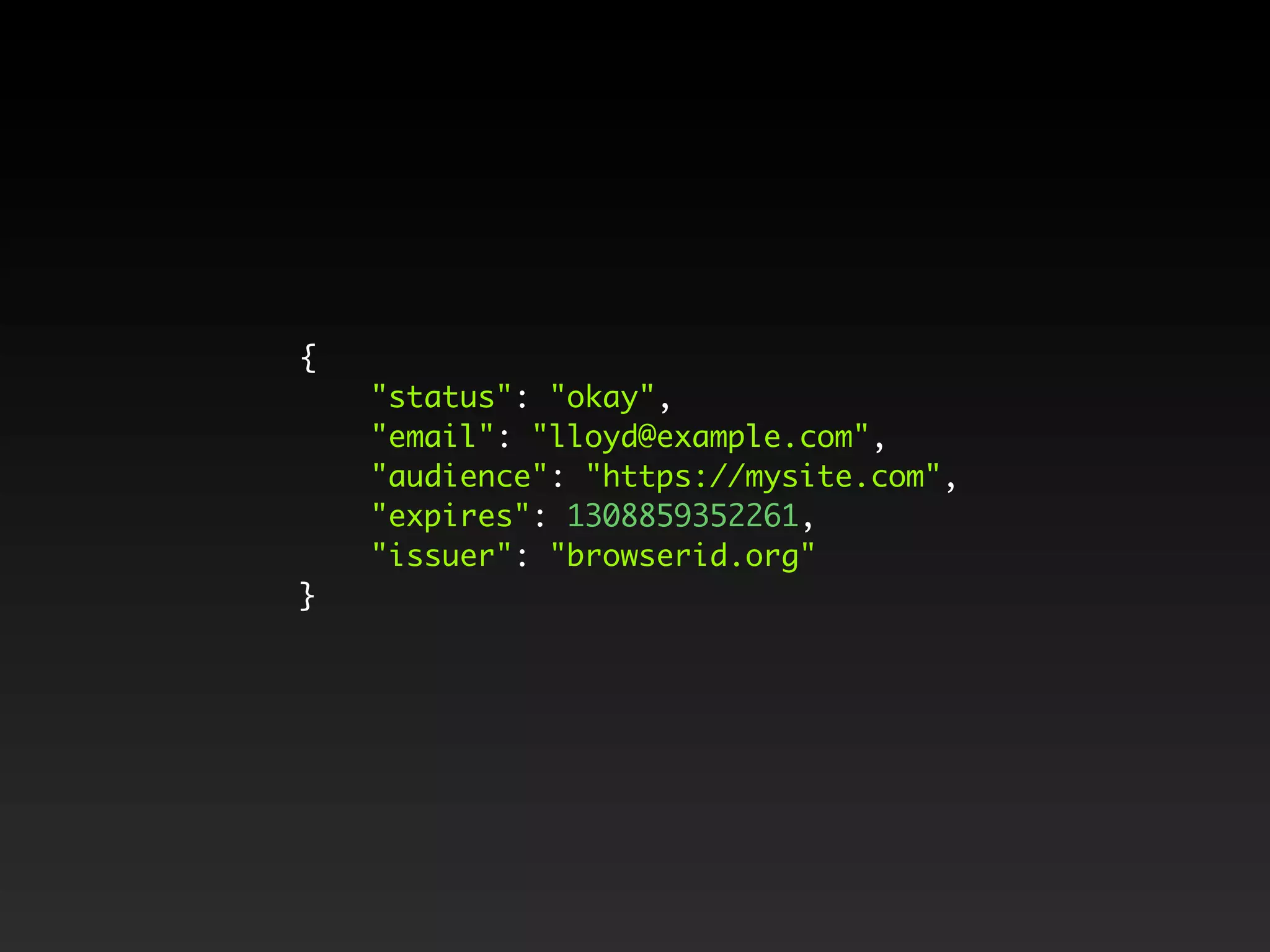 { "status": "okay", "email": "lloyd@example.com", "audience": "https://mysite.com", "expires": 1308859352261, "issuer": "browserid.org" } 