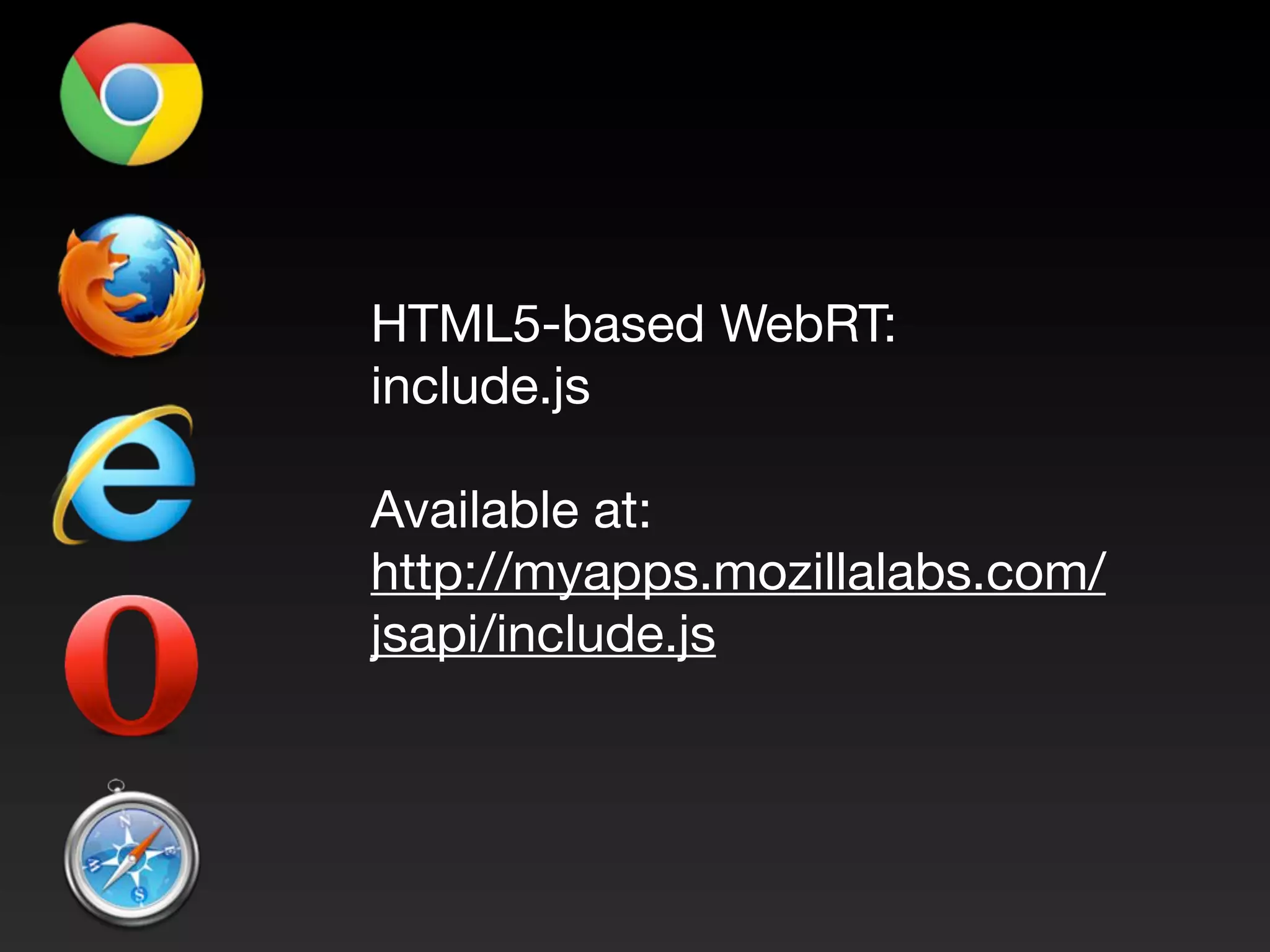 HTML5-based WebRT: include.js Available at: http://myapps.mozillalabs.com/ jsapi/include.js 