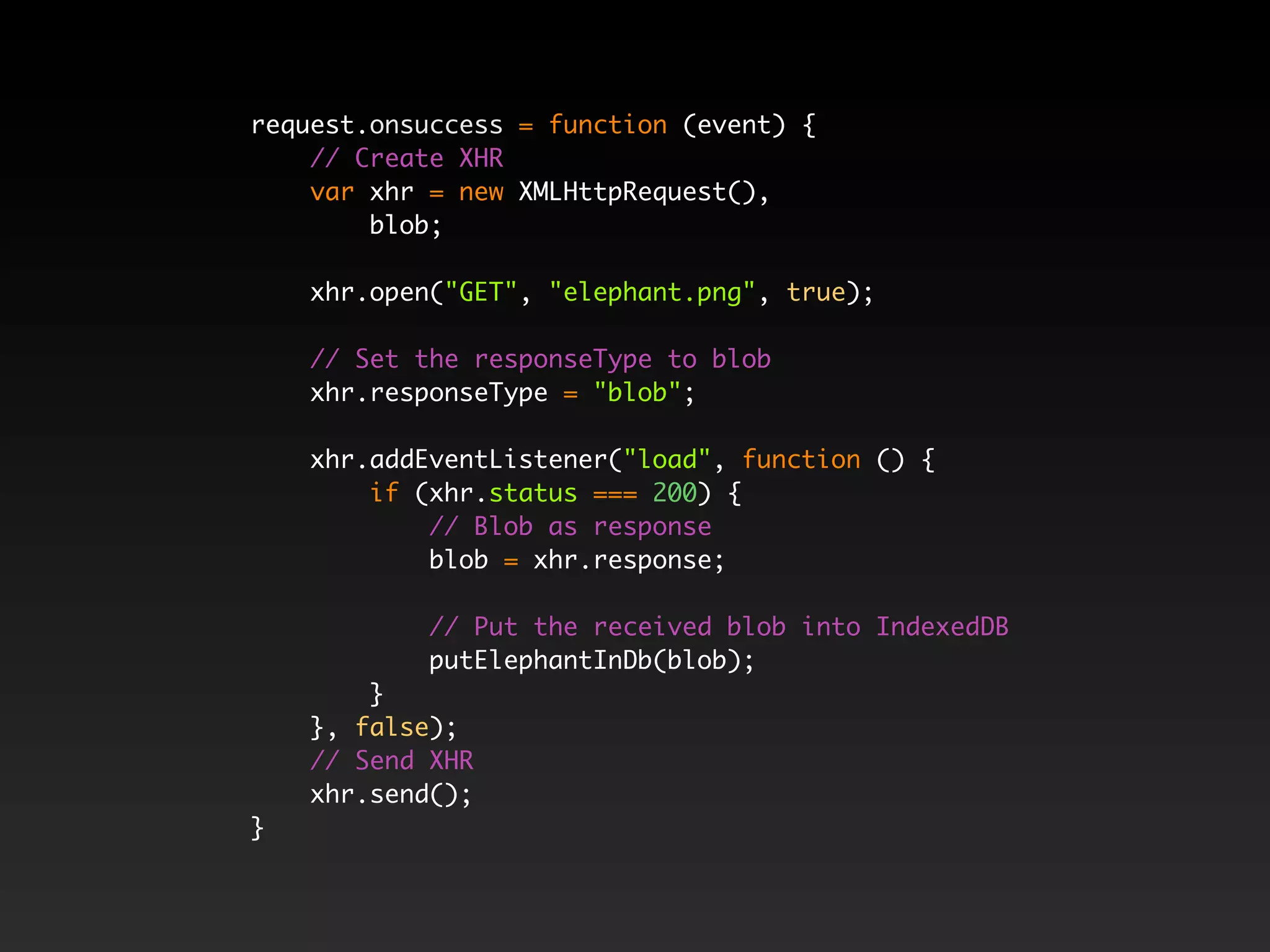request.onsuccess = function (event) { // Create XHR var xhr = new XMLHttpRequest(), blob; xhr.open("GET", "elephant.png", true); // Set the responseType to blob xhr.responseType = "blob"; xhr.addEventListener("load", function () { if (xhr.status === 200) { // Blob as response blob = xhr.response; // Put the received blob into IndexedDB putElephantInDb(blob); } }, false); // Send XHR xhr.send(); } 