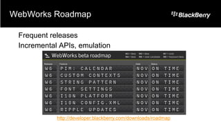 WebWorks Roadmap

 Frequent releases
 Incremental APIs, emulation




            http://developer.blackberry.com/downloads/roadmap
 