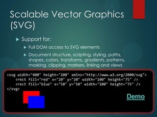 Scalable Vector Graphics
 (SVG)
       Support for:
           Full DOM access to SVG elements
           Document structure, scripting, styling, paths,
            shapes, colors, transforms, gradients, patterns,
            masking, clipping, markers, linking and views

<svg width="400" height="200" xmlns="http://www.w3.org/2000/svg">
    <rect fill="red" x="20" y="20" width="100" height="75" />
    <rect fill="blue" x="50" y="50" width="100" height="75" />
</svg>

                                                               Demo
 