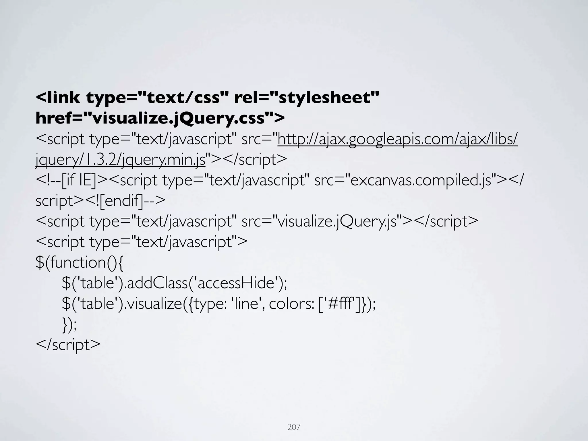 <link type="text/css" rel="stylesheet"
href="visualize.jQuery.css">
<script type="text/javascript" src="http://ajax.googleapis.com/ajax/libs/
jquery/1.3.2/jquery.min.js"></script>
<!--[if IE]><script type="text/javascript" src="excanvas.compiled.js"></
script><![endif]-->
<script type="text/javascript" src="visualize.jQuery.js"></script>
<script type="text/javascript">
$(function(){
	

 $('table').addClass('accessHide');
	

 $('table').visualize({type: 'line', colors: ['#fff']});
	

 });
</script>



                                     207
 