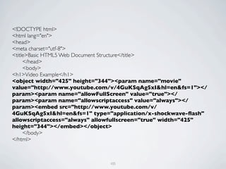 <!DOCTYPE html>
<html lang="en">
<head>
<meta charset="utf-8">
<title>Basic HTML5 Web Document Structure</title>
	

  </head>
	

  <body>
<h1>Video Example</h1>
<object width="425" height="344"><param name="movie"
value="http://www.youtube.com/v/4GuKSqAg5xI&hl=en&fs=1"></
param><param name="allowFullScreen" value="true"></
param><param name="allowscriptaccess" value="always"></
param><embed src="http://www.youtube.com/v/
4GuKSqAg5xI&hl=en&fs=1" type="application/x-shockwave-ﬂash"
allowscriptaccess="always" allowfullscreen="true" width="425"
height="344"></embed></object>
	

  </body>
</html>



                              105
 