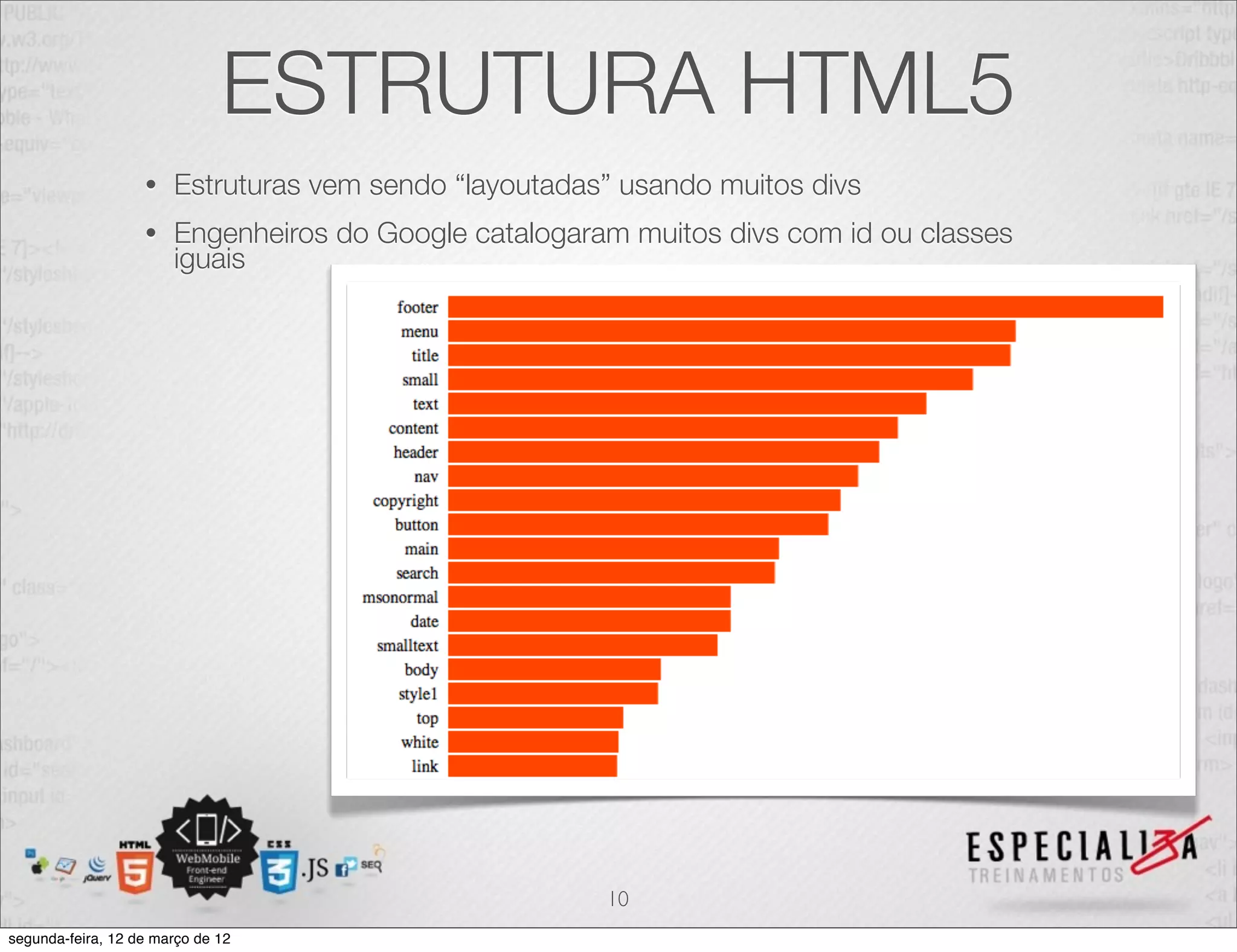ESTRUTURA HTML5
                   •   Estruturas vem sendo “layoutadas” usando muitos divs
                   •   Engenheiros do Google catalogaram muitos divs com id ou classes
                       iguais




                                                       10
segunda-feira, 12 de março de 12
 