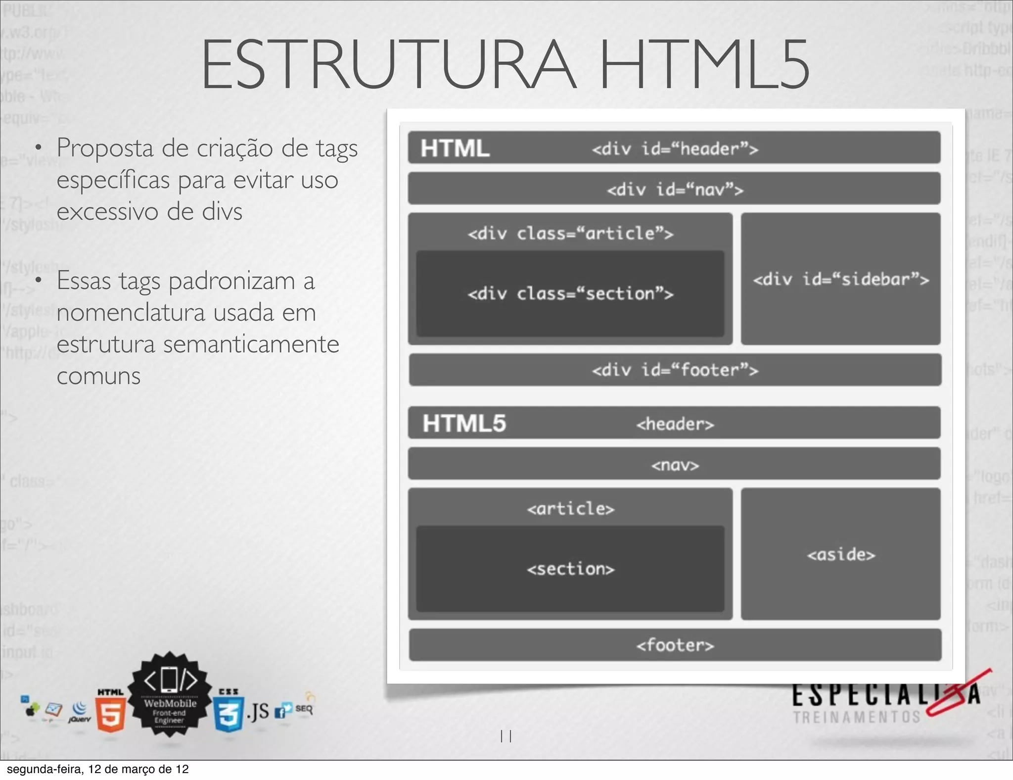 ESTRUTURA HTML5
    •   Proposta de criação de tags
        especíﬁcas para evitar uso
        excessivo de divs

    •   Essas tags padronizam a
        nomenclatura usada em
        estrutura semanticamente
        comuns




                                          11
segunda-feira, 12 de março de 12
 