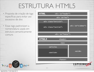 ESTRUTURA HTML5
    •   Proposta de criação de tags
        especíﬁcas para evitar uso
        excessivo de divs

    •   Essas tags padronizam a
        nomenclatura usada em
        estrutura semanticamente
        comuns




                                          11
segunda-feira, 12 de março de 12
 