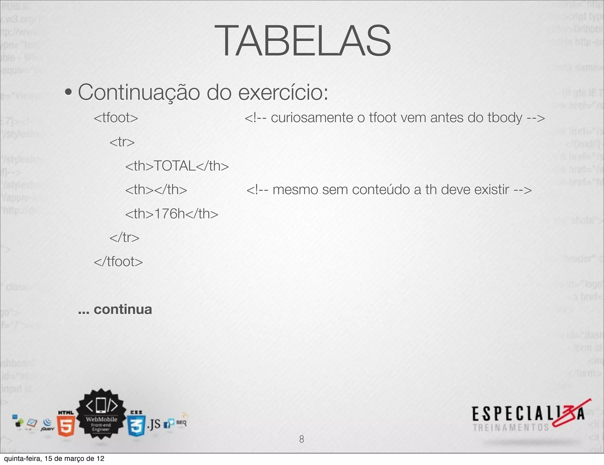 TABELAS
                  • Continuação                 do exercício:
                           <tfoot>                   <!-- curiosamente o tfoot vem antes do tbody -->
                                  <tr>
                                    <th>TOTAL</th>
                                    <th></th>        <!-- mesmo sem conteúdo a th deve existir -->
                                    <th>176h</th>
                                  </tr>
                           </tfoot>


                      ... continua




                                                             8
quinta-feira, 15 de março de 12
 