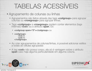 TABELAS ACESSÍVEIS
            • Agrupamento                de colunas ou linhas
                 •    Agrupamentos são feitos através das tags <colgroup> para agrupar
                      colunas ou <rowgroup> para agrupar linhas.
                 •    Tags <colgroup> e <rowgroup> podem conter elementos (tags
                      internas) <col> ou o atributo span. Ex:
                       •   <colgroup span=“3”></colgroup> ou
                       •   <colgroup>
                              <col />
                              <col />
                           </colgroup>
                 •    Ao criar agrupamentos de colunas/linhas, é possível adicionar estilos
                      a todas as células agrupadas
                 •    A tag <col> não possui corpo, ela só é vantagem sobre o atributo
                      span caso haja alguma particularidade em alguma coluna.




                                                      12
quinta-feira, 15 de março de 12
 