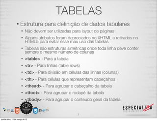 TABELAS
                  • Estrutura          para deﬁnição de dados tabulares
                       •    Não devem ser utilizadas para layout de páginas
                       •    Alguns atributos foram depreciados no XHTML e retirados no
                            HTML5 para evitar esse mau uso das tabelas
                       •    Tabelas são estruturas simétricas onde toda linha deve conter
                            sempre o mesmo número de colunas
                       •    <table> - Para a tabela
                       •    <tr> - Para linhas (table rows)
                       •    <td> - Para divisão em células das linhas (colunas)
                       •    <th> - Para células que representam cabeçalhos
                       •    <thead> - Para agrupar o cabeçalho da tabela
                       •    <tfoot> - Para agrupar o rodapé da tabela
                       •    <tbody> - Para agrupar o conteúdo geral da tabela


                                                         5
quinta-feira, 15 de março de 12
 