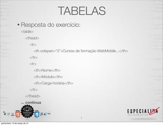 TABELAS
                  • Resposta               do exercício:
                      <table>
                           <thead>
                                  <tr>
                                    <th colspan=“3”>Cursos de formação WebMobile...</th>
                                  </tr>
                                  <tr>
                                    <th>Nome</th>
                                    <th>Módulo</th>
                                    <th>Carga-horária</th>
                                  </tr>
                           </thead>
                      ... continua



                                                             7
quinta-feira, 15 de março de 12
 