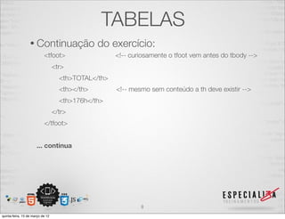 TABELAS
                  • Continuação                 do exercício:
                           <tfoot>                   <!-- curiosamente o tfoot vem antes do tbody -->
                                  <tr>
                                    <th>TOTAL</th>
                                    <th></th>        <!-- mesmo sem conteúdo a th deve existir -->
                                    <th>176h</th>
                                  </tr>
                           </tfoot>


                      ... continua




                                                             8
quinta-feira, 15 de março de 12
 