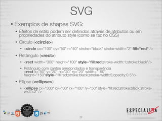 SVG 
• Exemplos de shapes SVG: 
• Efeitos de estilo podem ser definidos através de atributos ou em 
propriedades do atributo style (como se faz no CSS) 
• Círculo (<circle>) 
• <circle cx="100" cy="50" r="40" stroke="black" stroke-width="2" fill="red" /> 
• Retângulo (<rect>) 
• <rect width="300" height="100" style="fill:red;stroke-width:1;stroke:black"/> 
• Retângulo com cantos arredondados e transparência 
<rect x="50" y="20" rx="20" ry="20" width="150" 
height="150"style="fill:red;stroke:black;stroke-width:5;opacity:0.5"/> 
• Ellipse (<ellipse>) 
• <ellipse cx="300" cy="80" rx="100" ry="50" style="fill:red;stroke:black;stroke-width: 
2" /> 
29 
 