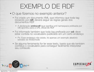 EXEMPLO DE RDF 
• O que fizemos no exemplo anterior? 
• Foi criado um documento XML que informou que toda tag 
iniciando por rdf: deverá seguir as regras gerais dos 
documentos RDF 
• A declaração xmlns:rdf (que significa xml namespace prefixada por 
rdf) apontou para a URL oficial do RDF 
• Foi informado também que toda tag prefixada por cd: deve 
estar contida no vocabulário publicado em um certo endereço 
• Ps: Esse endereço não existe, foi apenas um exemplo aleatório 
extraído do W3Schools 
• Se alguma ferramenta for ler esse texto, basta que ela também 
conheça o vocabulário para conseguir facilmente interpretar 
seu conteúdo 
16 
segunda-feira, 11 de junho de 12 
 