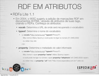RDF EM ATRIBUTOS 
• RDFa Lite 1.1 
• Em 2004, o W3C sugeriu a adição de marcações RDF em 
documentos XHTML, através de atributos de suas tags, 
criando o RDFa. Conheça os atributos: 
• vocab: Determina a URL de onde será recuperado o vocabulário 
• typeof: Determina o nome do vocabulário 
• <p vocab="http://schema.org/" typeof="Person"> 
Meu nome é Manu Sporny e você pode me ligar no número 81-3465.0032 
ou visitar meu site 
</p> 
• property: Determina o metadado do valor informado 
• <p vocab="http://schema.org/" typeof="Person"> 
Meu nome é <span property="name">Manu Sporny</span> 
e você pode me ligar no número <span property="telephone">81-3465.0032</span> 
ou visitar meu <a property="url" href="http://www.especializa.com.br/">site</a> 
</p> 
17 
segunda-feira, 11 de junho de 12 
 