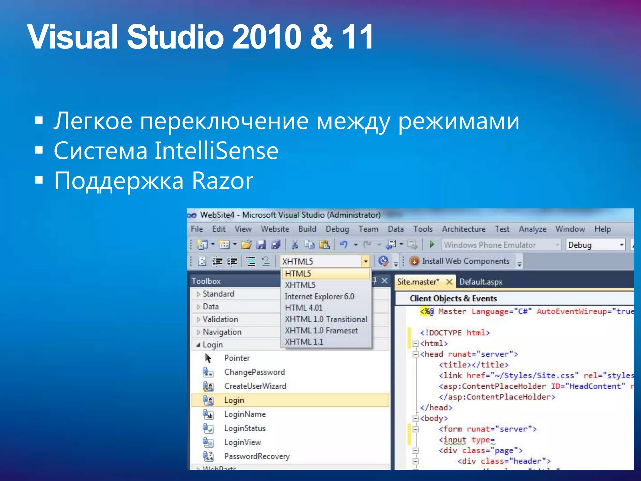Visual Studio 2010 & 11

 Легкое переключение между режимами
 Система IntelliSense
 Поддержка Razor
 