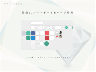 デ ザ イ ン ツ ー ル あ れ こ れ 。

特 徴 2 . ア ー ト ボ ー ド & ペ ー ジ 管 理

こ ん な 風 に 、 ボ タ ン ・ アイ コ ン を 並 べ て デ ザ イ ン。

 