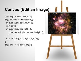 Canvas (Edit an Image)
var img = new Image();
img.onload = function() {
  ctx.drawImage(img,0,0);
  var data =
  ctx.getImageData(0,0,
     canvas.width,canvas.height);
...
  ctx.putImageData(data,0,0);
}
img.src = "space.png";
 