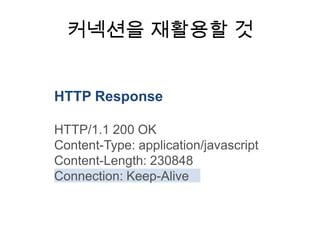 커넥션을 재활용할 것


HTTP Response

HTTP/1.1 200 OK
Content-Type: application/javascript
Content-Length: 230848
Connection: Keep-Alive
 