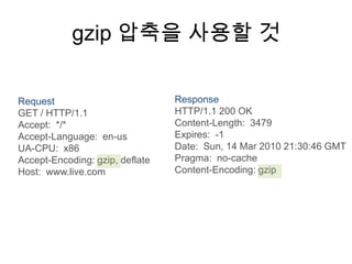 gzip 압축을 사용할 것

Request                          Response
GET / HTTP/1.1                   HTTP/1.1 200 OK
Accept: */*                      Content-Length: 3479
Accept-Language: en-us           Expires: -1
UA-CPU: x86                      Date: Sun, 14 Mar 2010 21:30:46 GMT
Accept-Encoding: gzip, deflate   Pragma: no-cache
Host: www.live.com               Content-Encoding: gzip
 
