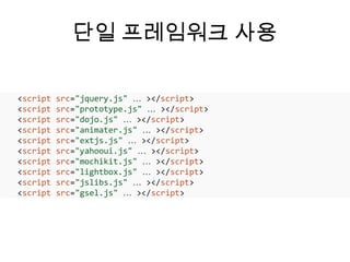 단일 프레임워크 사용

<script   src=/slideshow/html5-50/16141568/"jquery.js" … ></script>
<script   src="prototype.js" … ></script>
<script   src="dojo.js" … ></script>
<script   src="animater.js" … ></script>
<script   src="extjs.js" … ></script>
<script   src="yahooui.js" … ></script>
<script   src="mochikit.js" … ></script>
<script   src="lightbox.js" … ></script>
<script   src="jslibs.js" … ></script>
<script   src="gsel.js" … ></script>
 