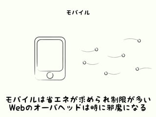 モバイル
モバイルは省エネが求められ制限が多い
Webのオーバヘッドは時に邪魔になる
 