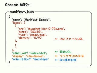 manifest.json
Chrome M39+
{
"name": "Manifest Sample",
"icons": [
{
"src": "launcher-icon-0-75x.png",
"sizes": "36x36",
"type": "image/png",
"density": "0.75"
},
],
"start_url": "index.html",
"display": "standalone",
"orientation": "landscape"
}
…
← iconファイルURL
← 開始URL
← ブラウザUIの有無
← 縦/横の制限
 