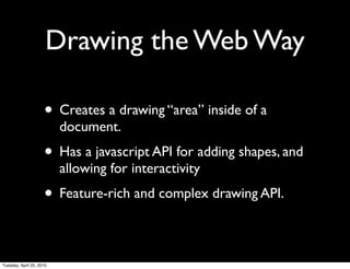 Drawing the Web Way

                     • Creates a drawing “area” inside of a
                          document.
                     • Has a javascript API for adding shapes, and
                          allowing for interactivity
                     • Feature-rich and complex drawing API.

Tuesday, April 20, 2010
 