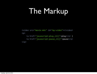 The Markup

                          <video src="movie.m4v" id="my-video"></video>
                          <p>
                               <a href="javascript:play_it()">play</a> |
                               <a href="javascript:pause_it()">pause</a>
                          </p>




Tuesday, April 20, 2010
 