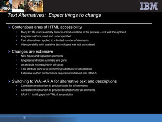 Text Alternatives: Expect things to change

 Contentious area of HTML accessibility
    •   Many HTML 4 accessibility fea...