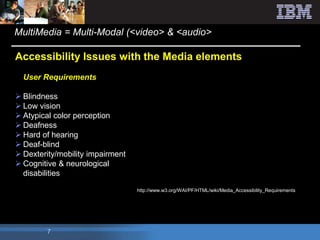 MultiMedia = Multi-Modal (<video> & <audio>

Accessibility Issues with the Media elements
  User Requirements

 Blindness...