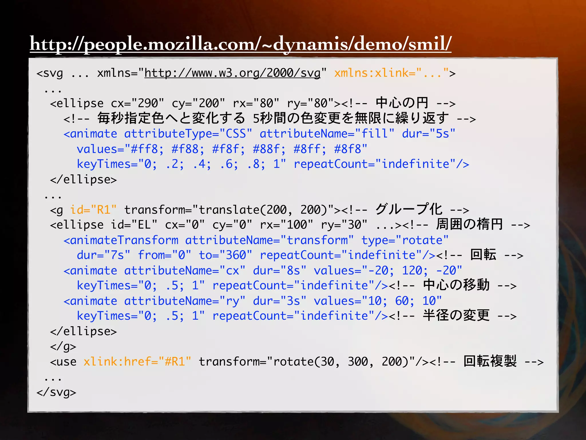 http://people.mozilla.com/~dynamis/demo/smil/
 