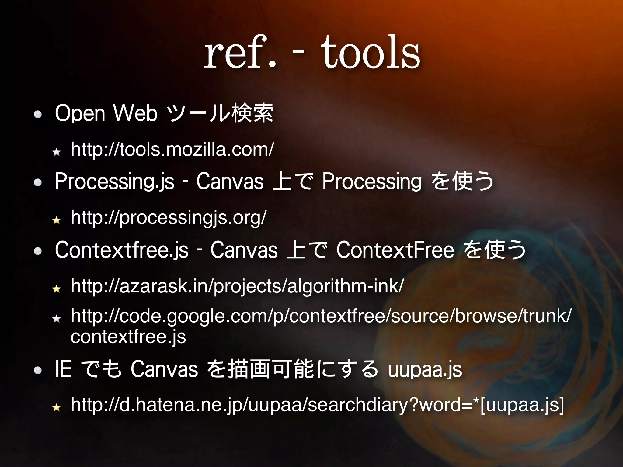 http://tools.mozilla.com/


http://processingjs.org/


http://azarask.in/projects/algorithm-ink/
http://code.google.com/p/contextfree/source/browse/trunk/
contextfree.js


http://d.hatena.ne.jp/uupaa/searchdiary?word=*[uupaa.js]
 