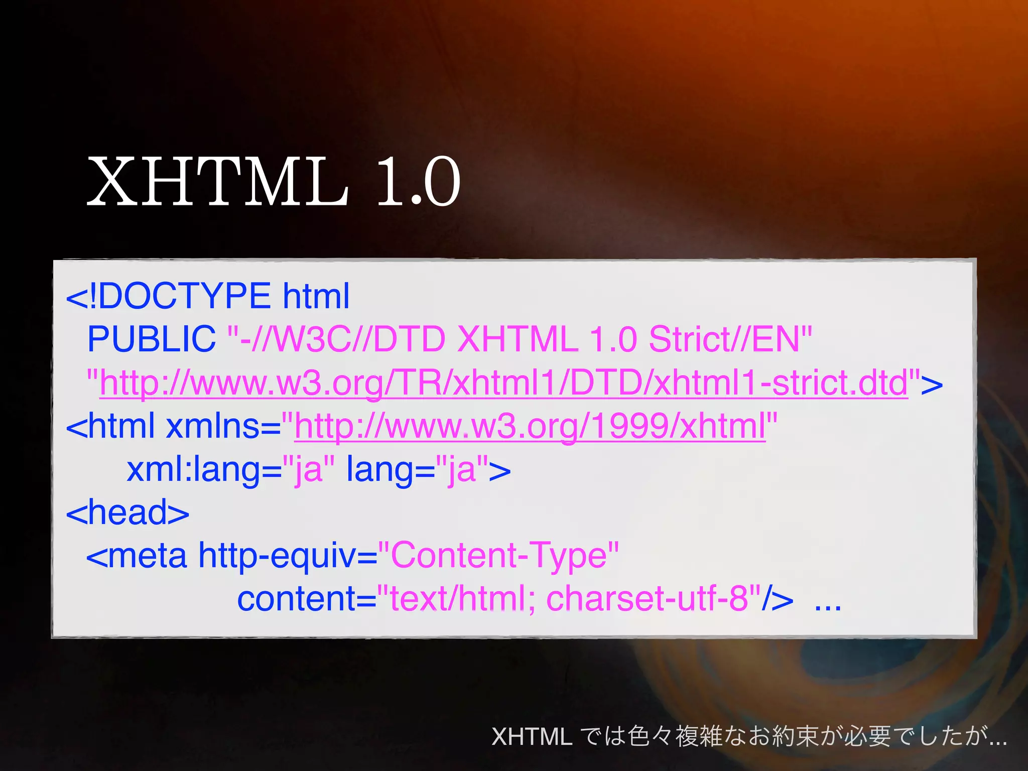 <!DOCTYPE html
 PUBLIC "-//W3C//DTD XHTML 1.0 Strict//EN"
 "http://www.w3.org/TR/xhtml1/DTD/xhtml1-strict.dtd">
<html xmlns="http://www.w3.org/1999/xhtml"
    xml:lang="ja" lang="ja">
<head>
 <meta http-equiv="Content-Type"
           content="text/html; charset-utf-8"/> ...


                         XHTML                          ...
 