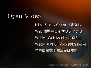 Theora   Firefox 3.5~, WebM   Firefox4~
 