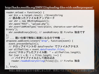 http://hacks.mozilla.org/2009/12/uploading-ﬁles-with-xmlhttprequest/
 