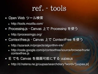 http://tools.mozilla.com/


http://processingjs.org/


http://azarask.in/projects/algorithm-ink/
http://code.google.com/p/contextfree/source/browse/trunk/
contextfree.js


http://d.hatena.ne.jp/uupaa/searchdiary?word=*[uupaa.js]
 