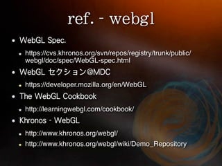 https://cvs.khronos.org/svn/repos/registry/trunk/public/
webgl/doc/spec/WebGL-spec.html


https://developer.mozilla.org/en/WebGL


http://learningwebgl.com/cookbook/


http://www.khronos.org/webgl/
http://www.khronos.org/webgl/wiki/Demo_Repository
 