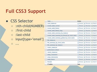 Full CSS3 Support
● CSS Selector
○ :nth-child(NUMBER)
○ :first-child
○ :last-child
○ input[type="email"]
○ ...
 