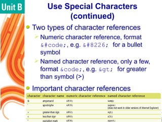 Use Special Characters
(continued)
Two types of character references
 Numeric character reference, format
&#code;, e.g. &...