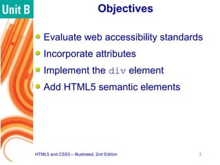 Objectives
Evaluate web accessibility standards
Incorporate attributes
Implement the div element
Add HTML5 semantic elemen...